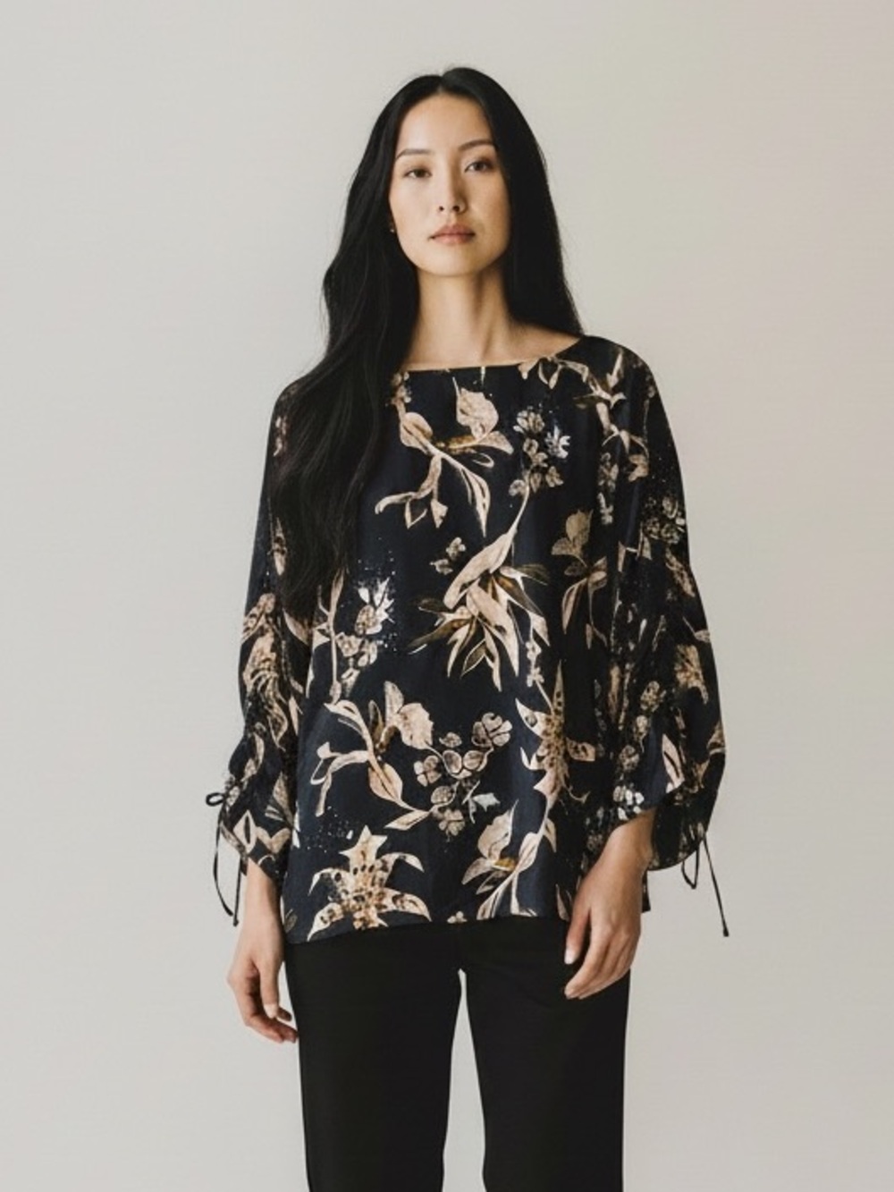 Dorothee Schumacher Women's Black Floral Blouse with Pink Accents